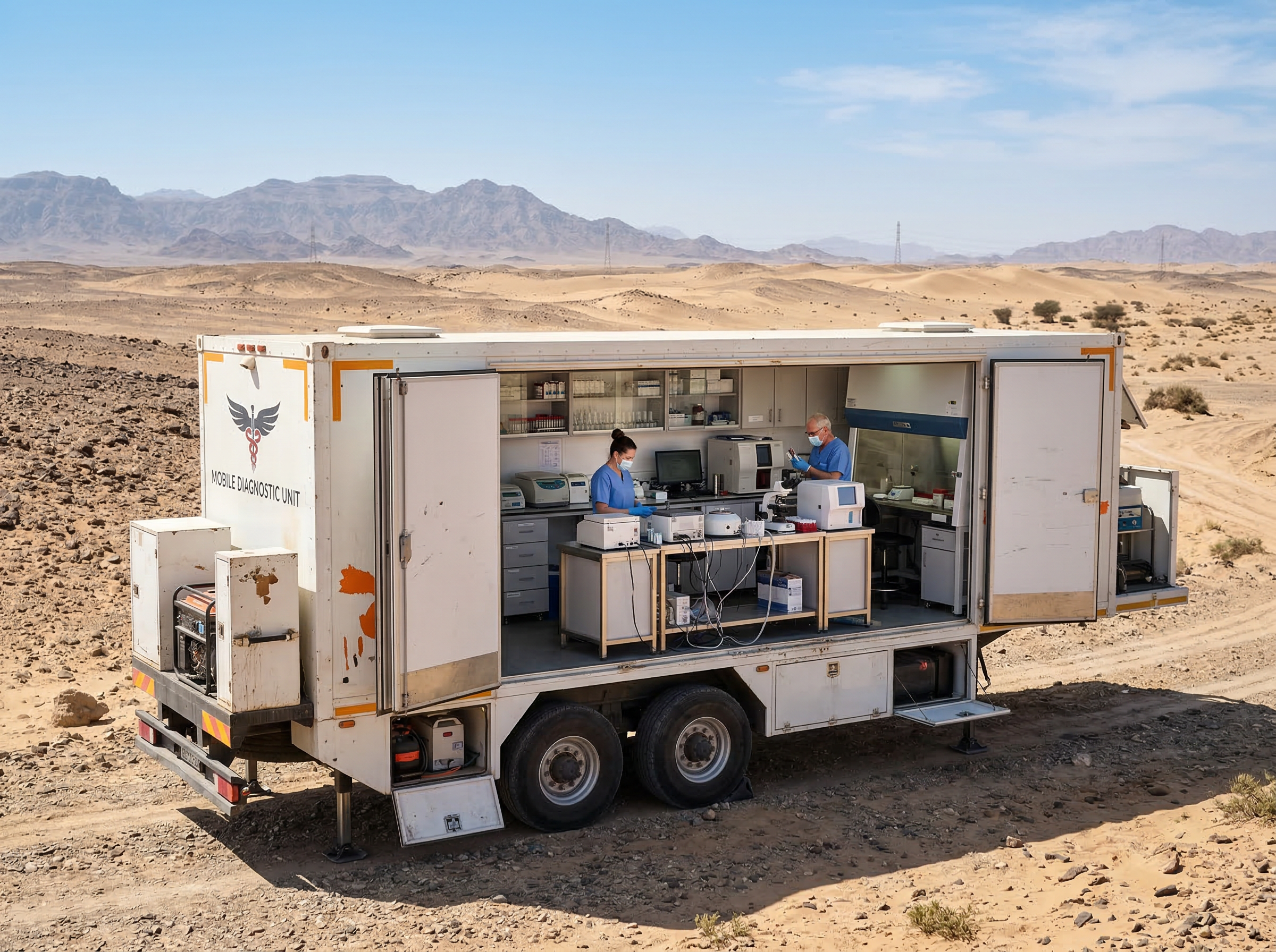 Mobile diagnostic laboratory unit deployed in arid field conditions